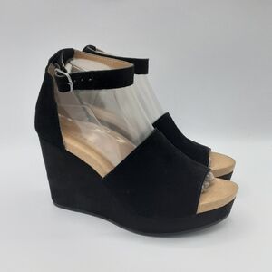 Lucky Brand Yemisa Black Suede Wedge Sandals with Ankle Strap - Women